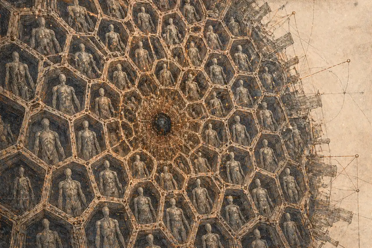 Abstract honeycomb of identical figures glowing pale blue, with thread-like data filaments converging on a single dim core in the center