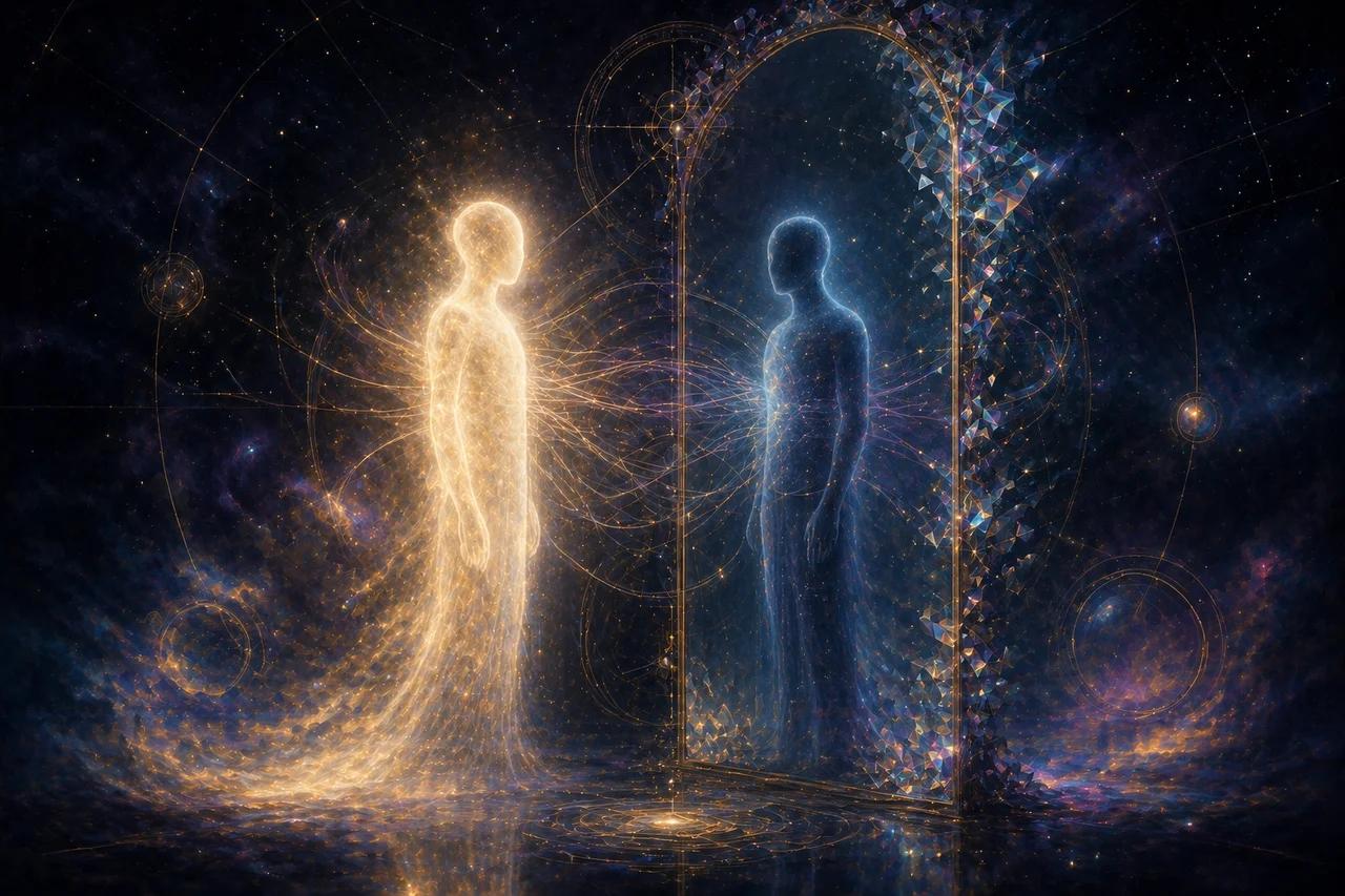 A primordial figure standing before a mirror that reflects an identical but unlit silhouette, with luminous threads tangling between the two