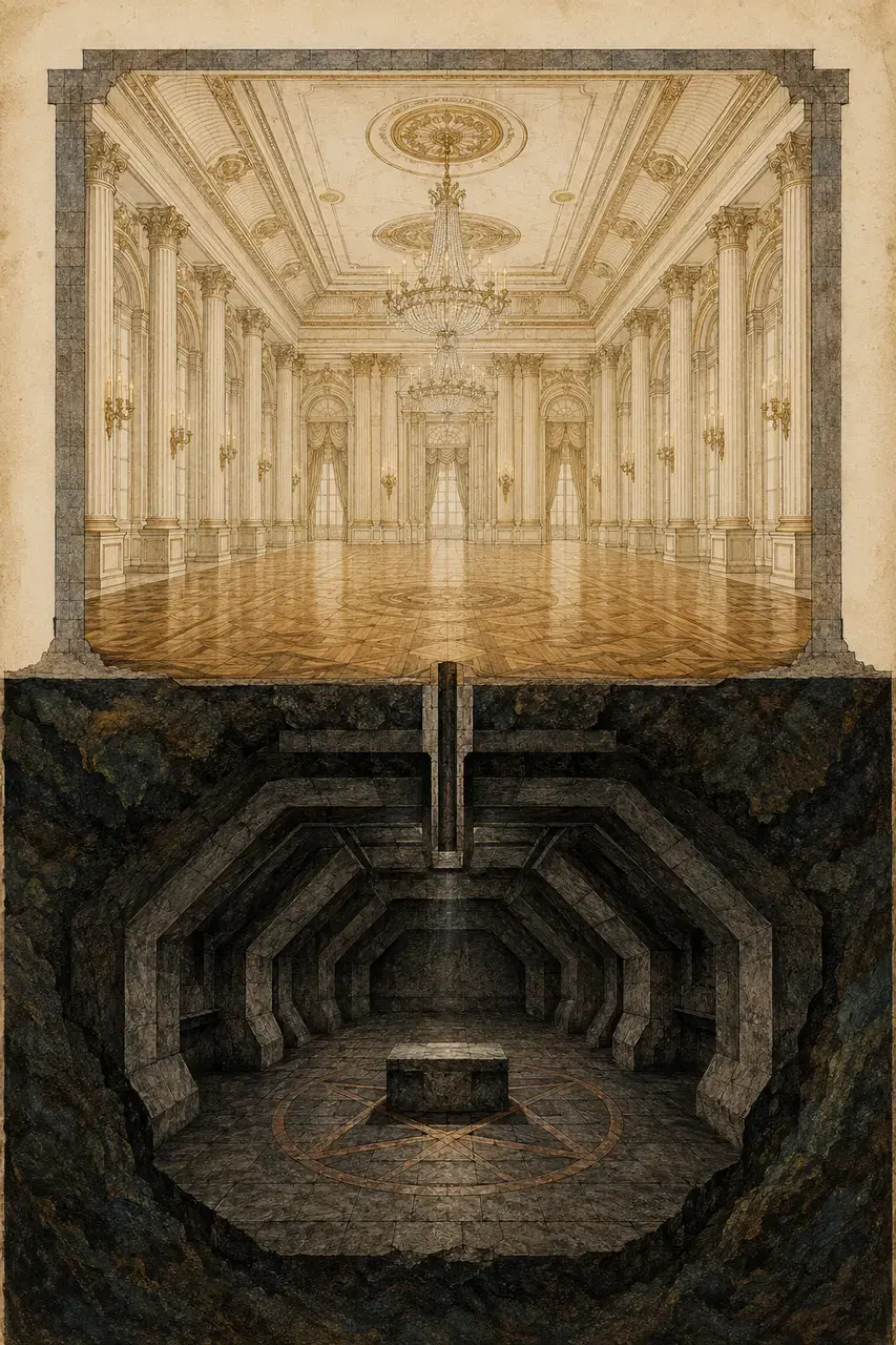 Stylized cross-section illustration showing a grand neoclassical ballroom above ground and an angular chamber with pentagram floor inlay and a single altar block hidden beneath it