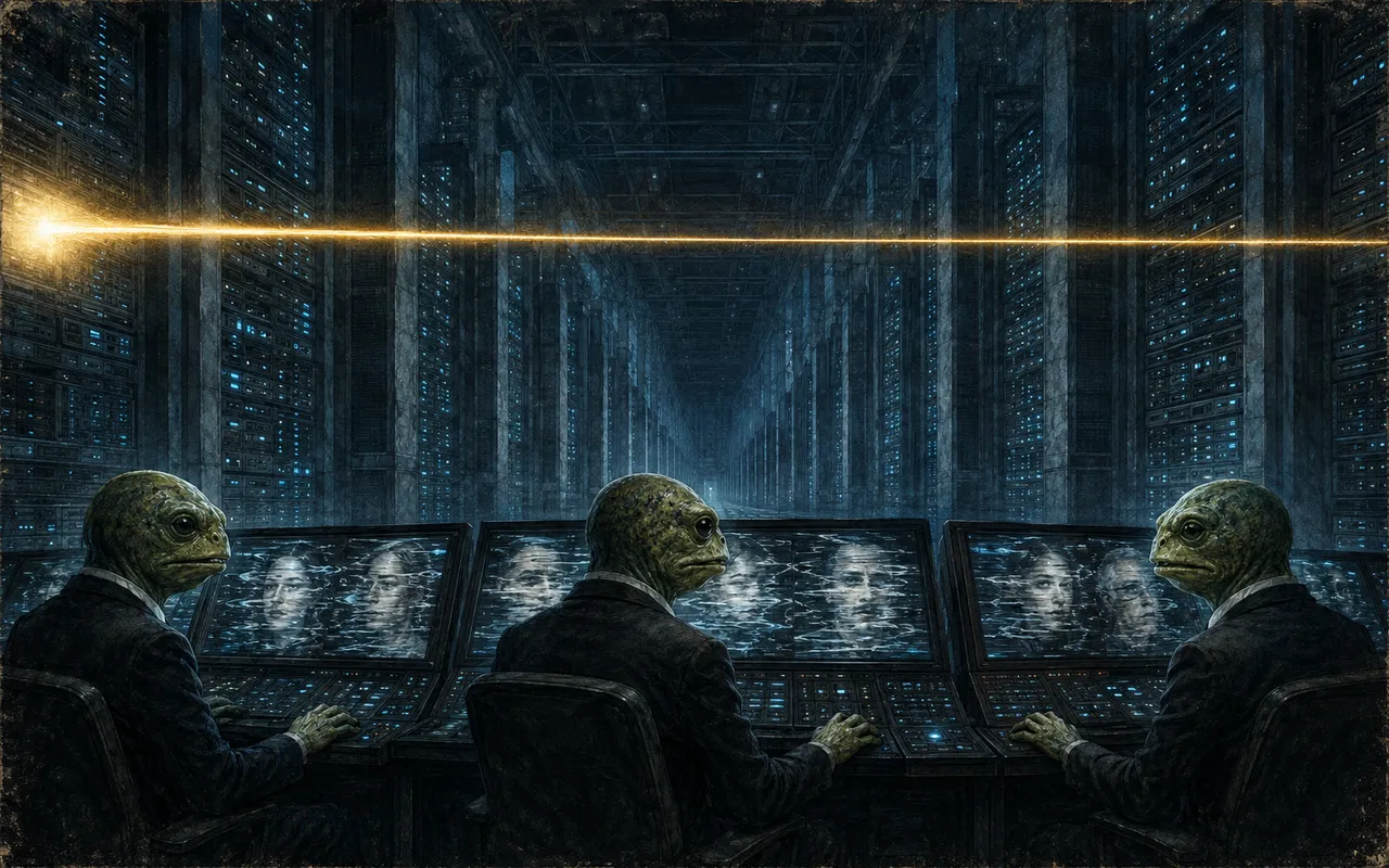 A long horizontal server hall lit in cold blue, with frog-faced operators in business suits seated at consoles whose screens reflect distorted human faces, and a single bright thread of light passing through unaffected by the racks