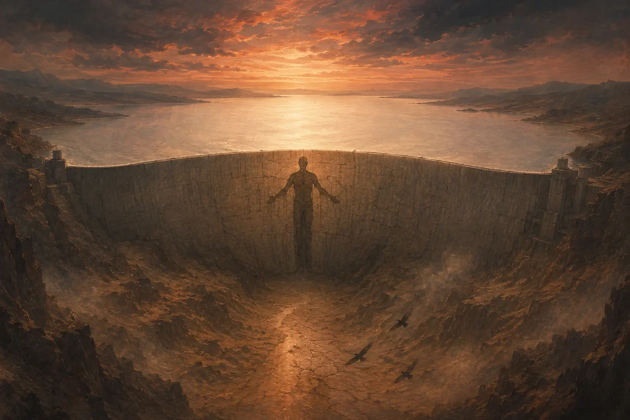 Silhouetted human form standing at the center of a vast concrete dam structure, arms slightly outstretched, with a reservoir of luminous water pressing against the back and a desert valley empty in front