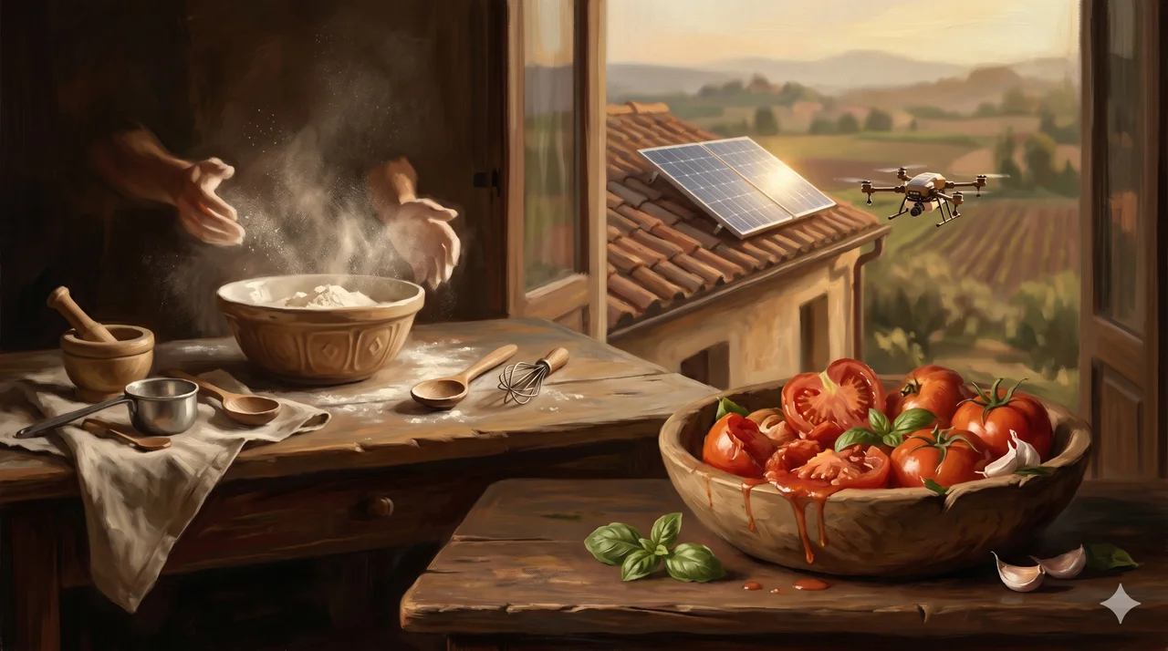 Many human hands working together in an abstract still life: mashing tomatoes, kneading dough, assembling small electronics, on a warm muted background with no faces or text