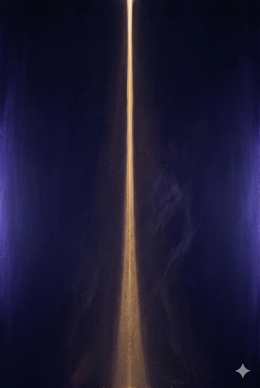 A thin golden beam descending through a vast midnight indigo space toward the viewer, faint cool light at the edges, no figures or text