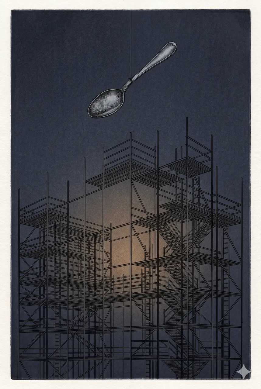 A silver spoon suspended in mid-air above the outline of a massive empty scaffolding structure, midnight indigo and deep slate background, no figures or text