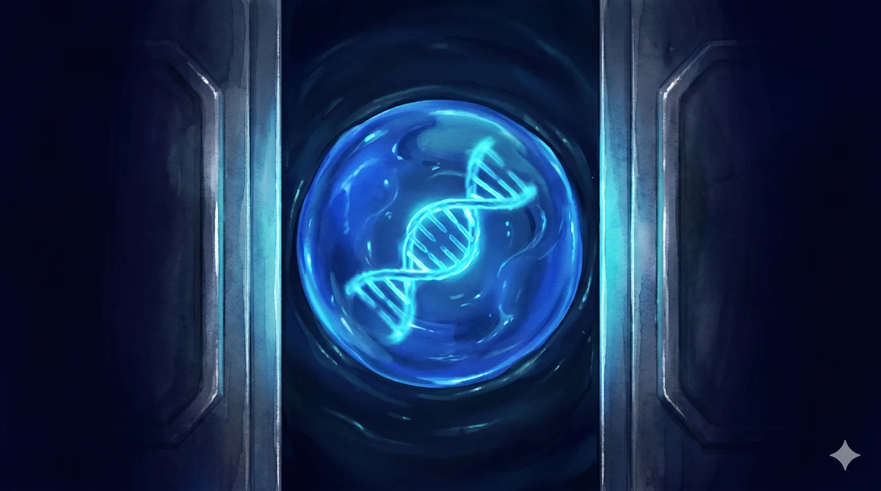A pool of softly glowing blue gel containing a luminous DNA helix, framed on either side by faint metallic door outlines, midnight indigo background, no figures or text