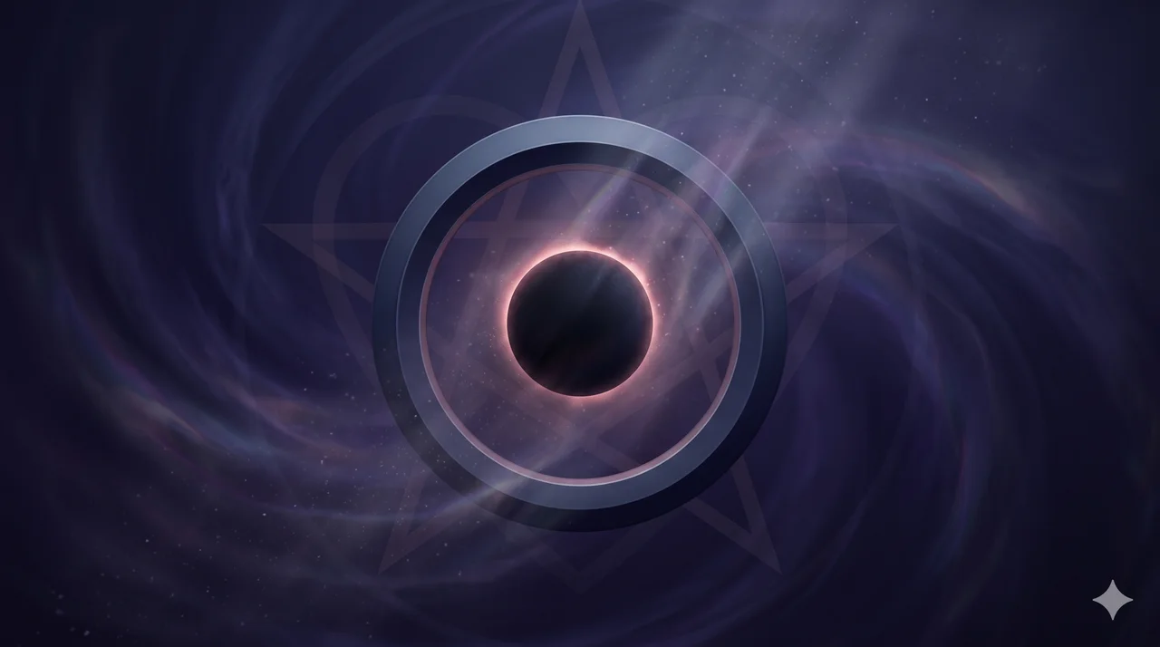 A glowing circumpunct symbol, a single point inside a ring, with a darkened center and a black outer shell, set against a swirling deep indigo field where a faint star overlays a dim heart shape, no text