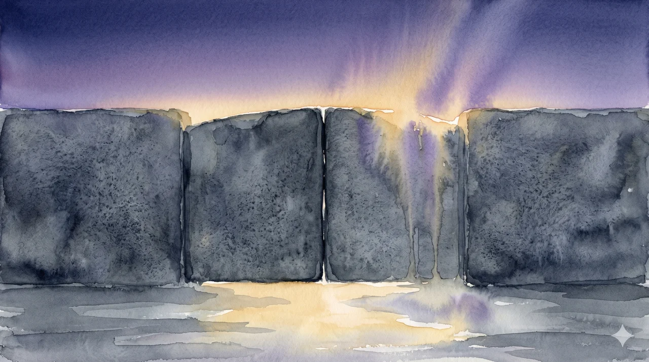 A massive sealed gate of dark stone standing shut across a void, with the first warm light of dawn breaking over its top edge and spilling onto the ground before it, deep indigo sky giving way to soft gold, no figures or text