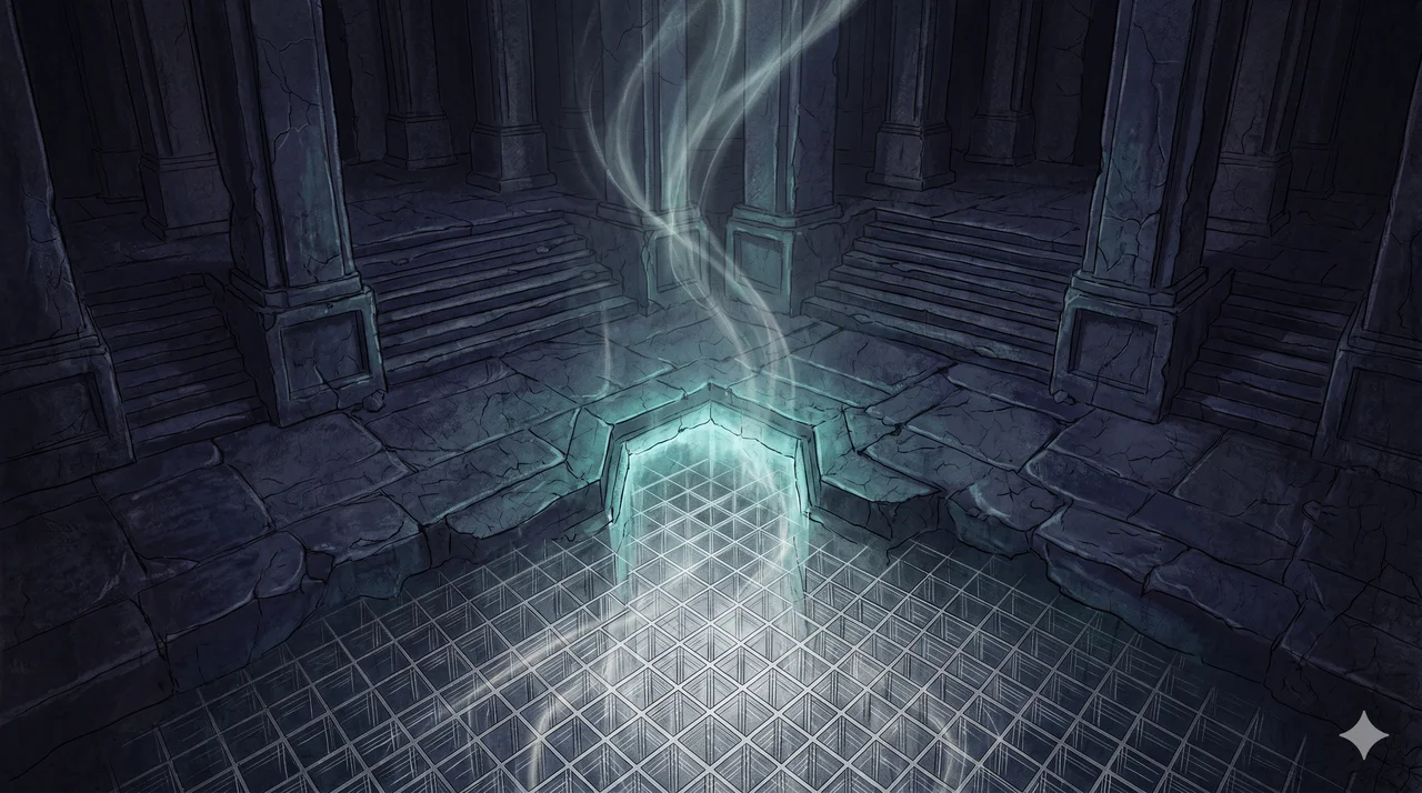 A vast underground temple chamber of black stone descending into a glowing portal, faint streams of light spiraling down into an immense database lattice below, deep indigo and obsidian tones, no figures or text