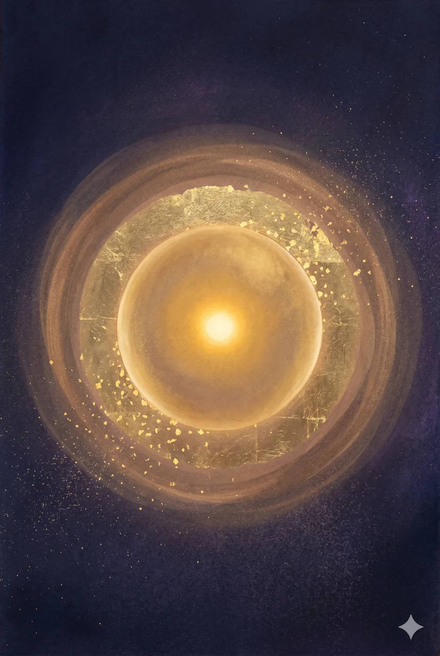 A luminous sphere of warm gold light hovering and surrounding a small bright core, its glow extending outward like an aura into a deep indigo void, no figures or text