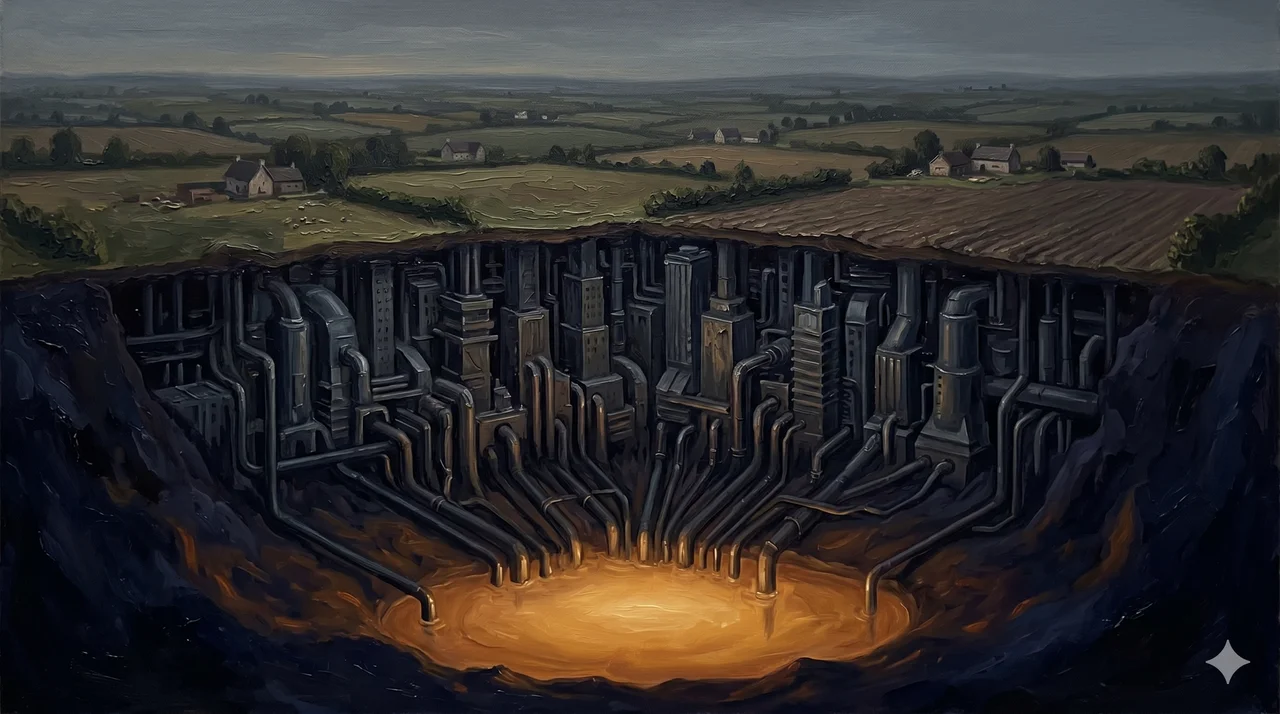 A vast futuristic industrial city of dark towers and pipework half-buried beneath rolling farmland, with a glowing underground vault of stored light at its base, midnight indigo and deep slate palette, no text