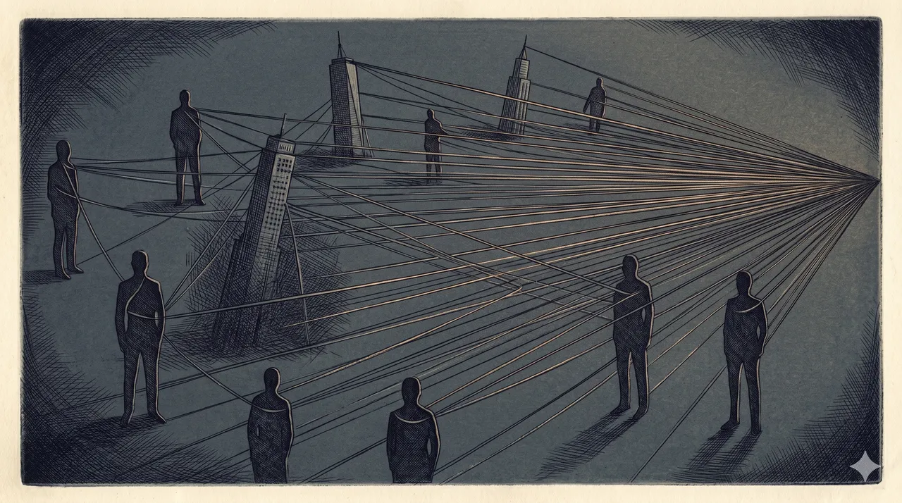 A dim web of fine luminous threads connecting faceless silhouettes and corporate towers across a deep slate field, the strands converging toward a single unseen point off-frame, midnight indigo background, no text
