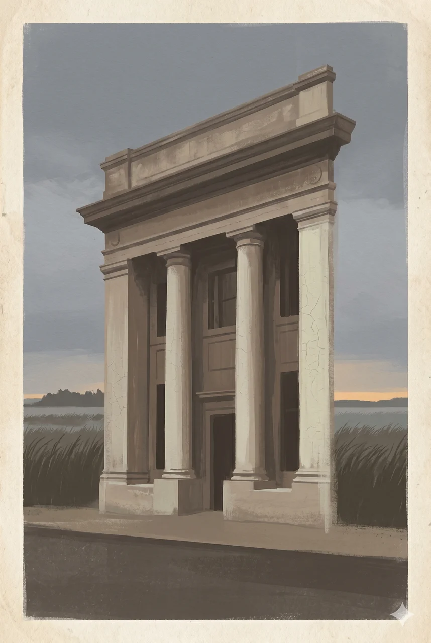 A shadowed early-twentieth-century reserve bank facade in muted sepia tones, with the faint silhouette of a low island and marsh grass behind it under an overcast slate sky, no figures or text