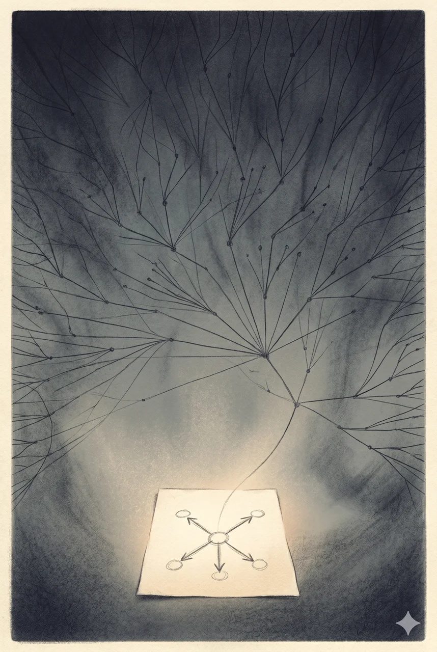 A small hand-drawn flowchart of four stick-like arms glowing faintly in the foreground, dwarfed by an immense sprawling network diagram unfurling into the dark behind it, midnight indigo and deep slate, no text