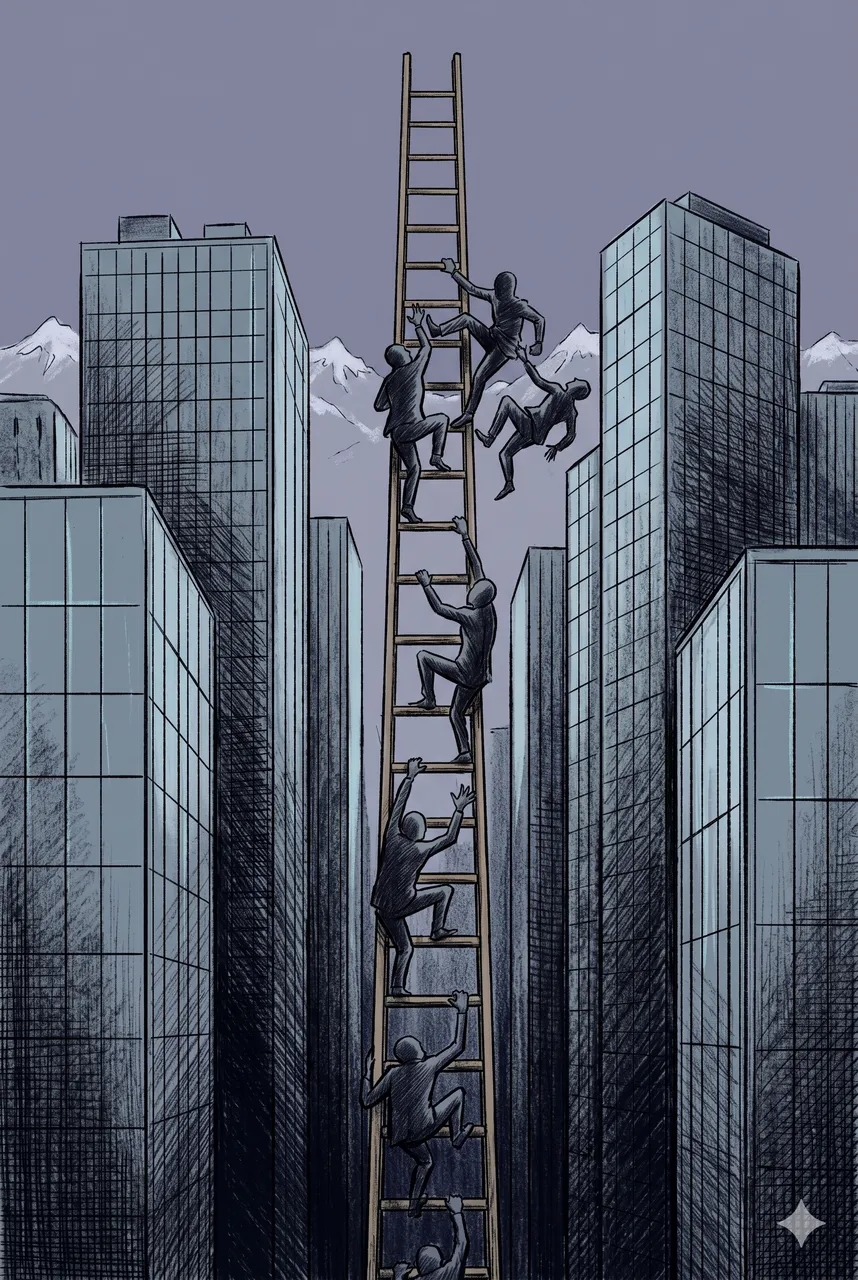 A cluster of cold glass corporate towers in a Swiss alpine setting, with faint shadowy figures climbing a tall ladder that rises between the buildings into a slate-grey sky, midnight indigo shadows, no text