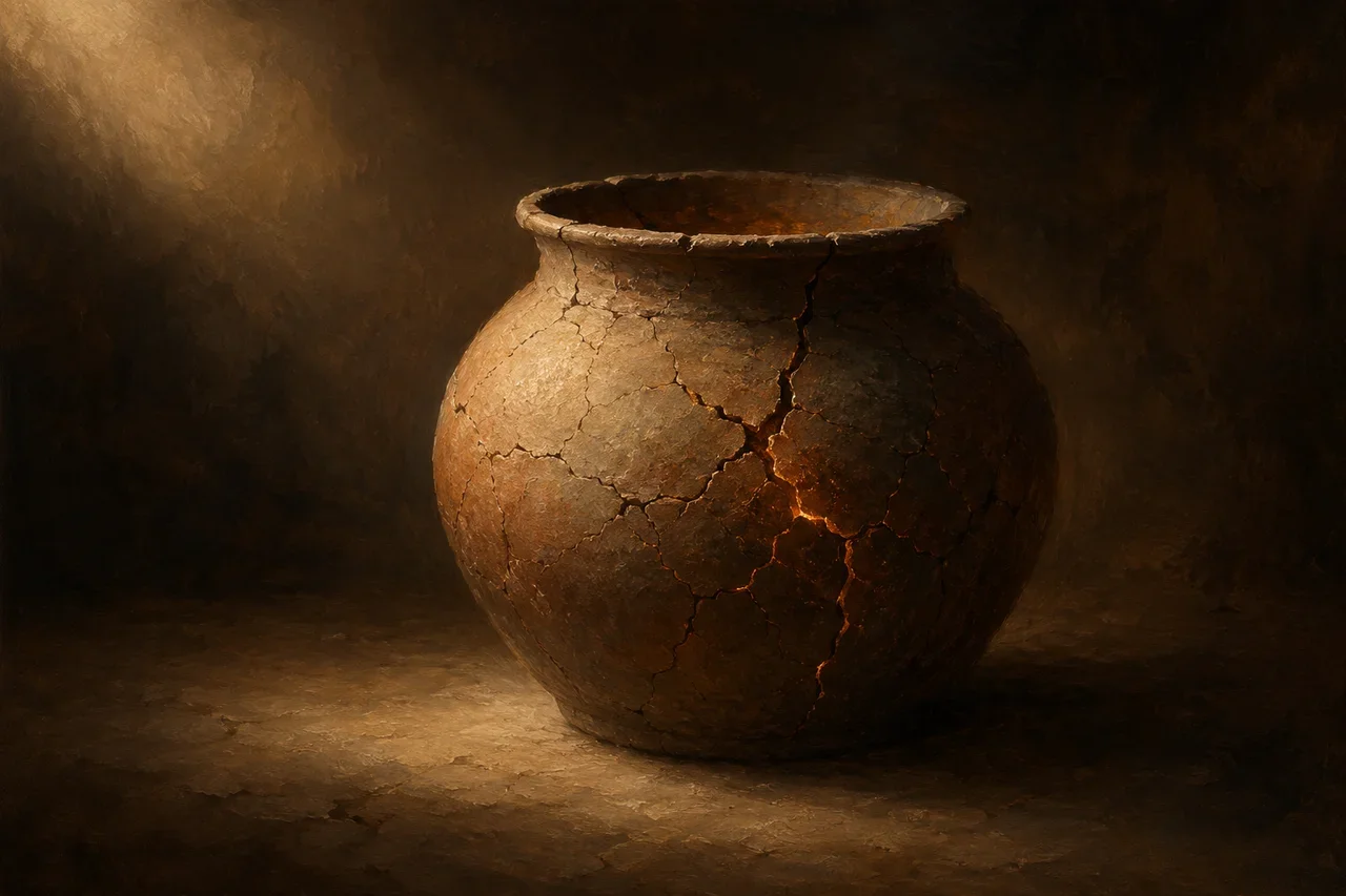 A single cracked clay vessel standing in deep shadow, one soft warm light falling across its broken surface, the form still whole, no people and no text