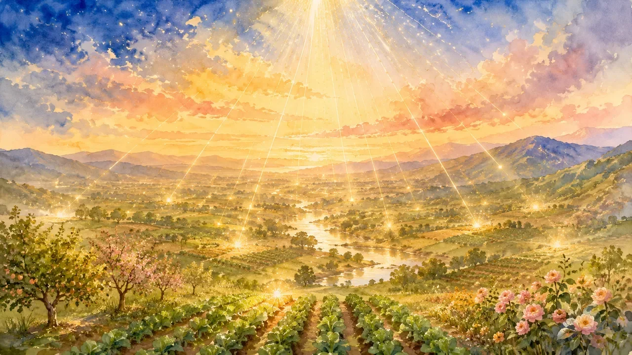 Light flowing directly to many separate points across a restored landscape, matter moving into place and crops rising, a sense of harmony and hope, no people and no text