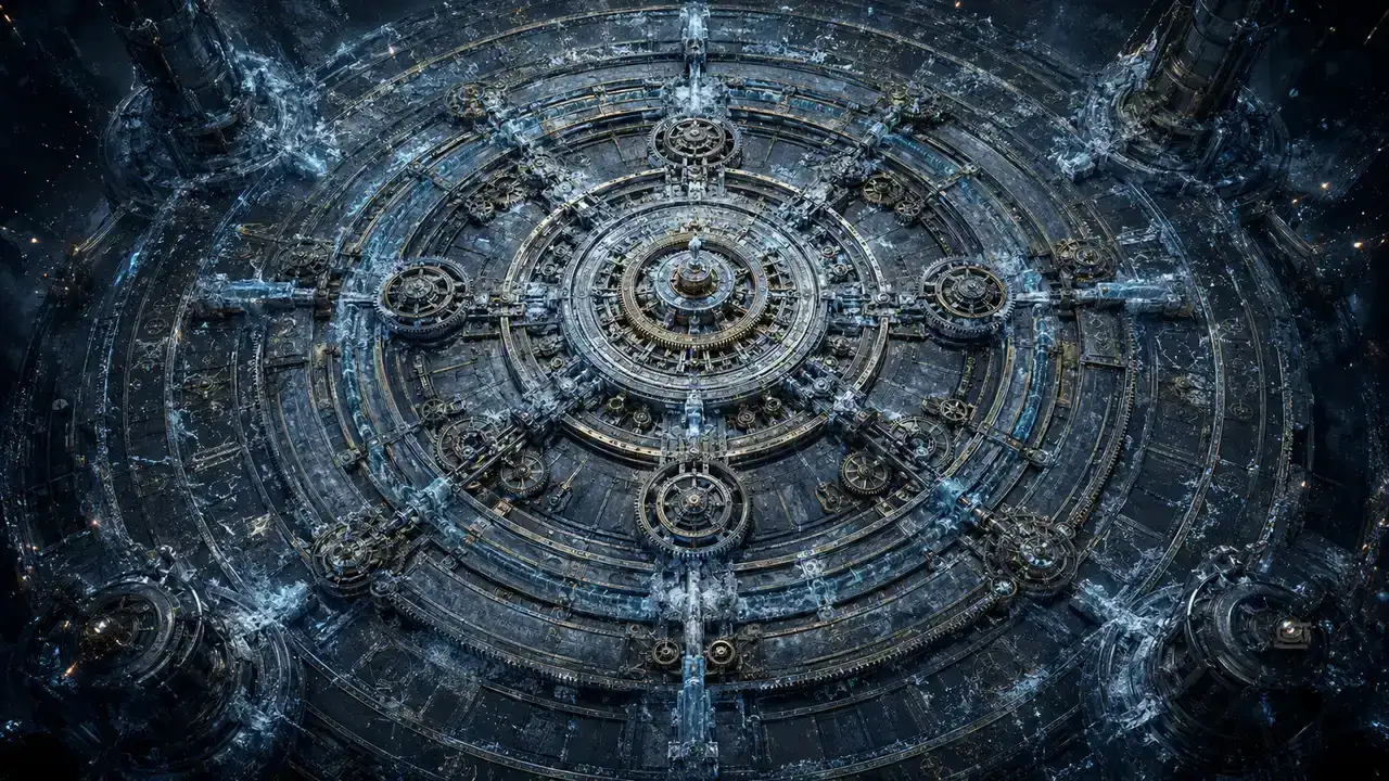 A vast black and gold game-board machine stopped mid-rotation, its gears and currents stilled, frozen in place, no people and no text