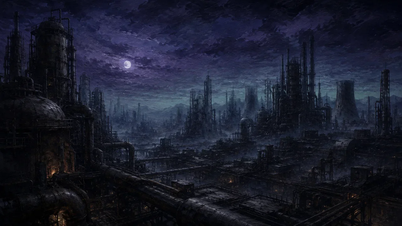 A darkened machine-city under a solstice night sky, its towers cold and unlit, no people present, a sense of a system that has stopped running
