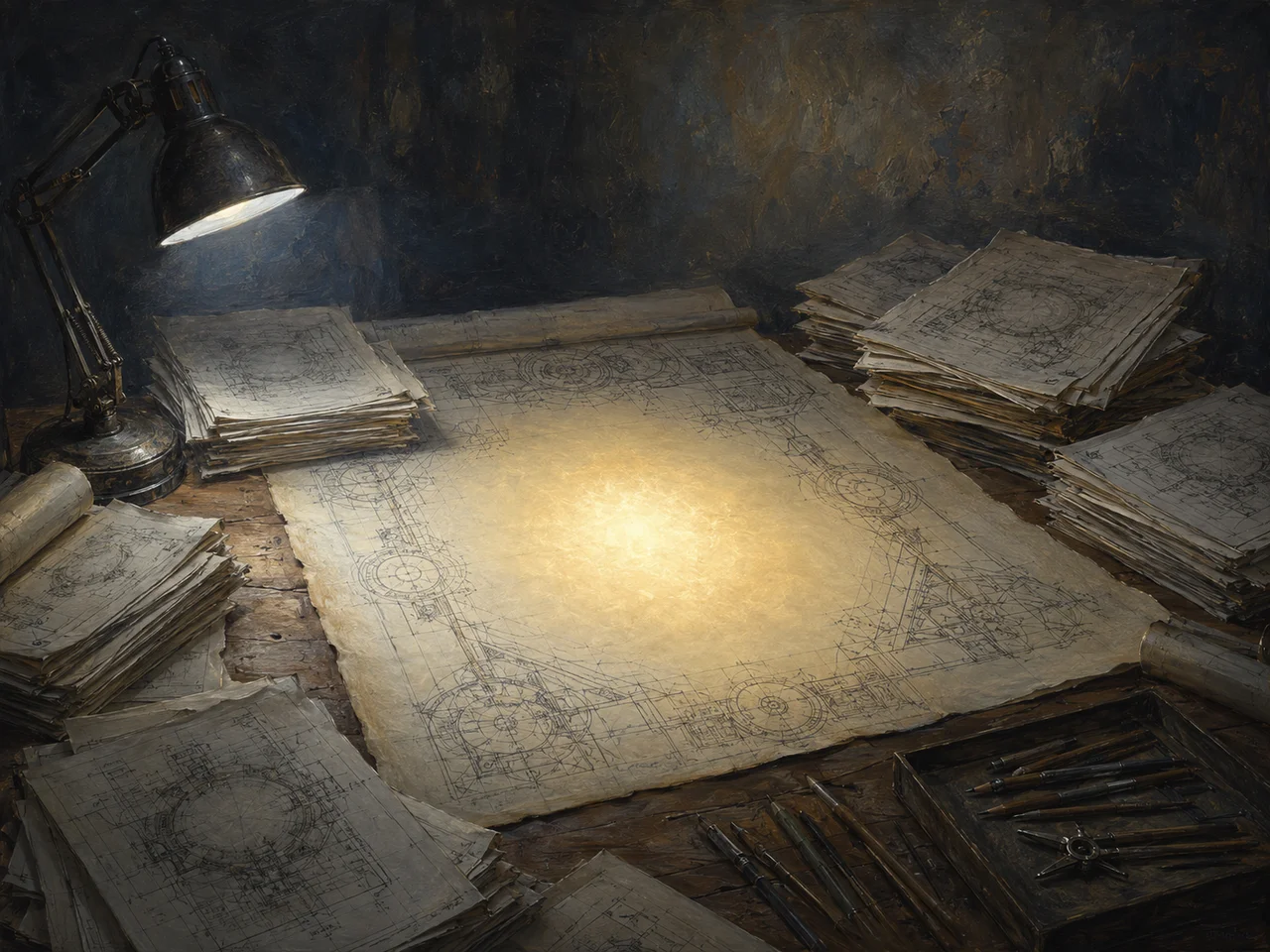 An unfinished blueprint on a dark table with a luminous gap at its center that no copied line can fill, cold mechanical copies stacked around it, no people and no text