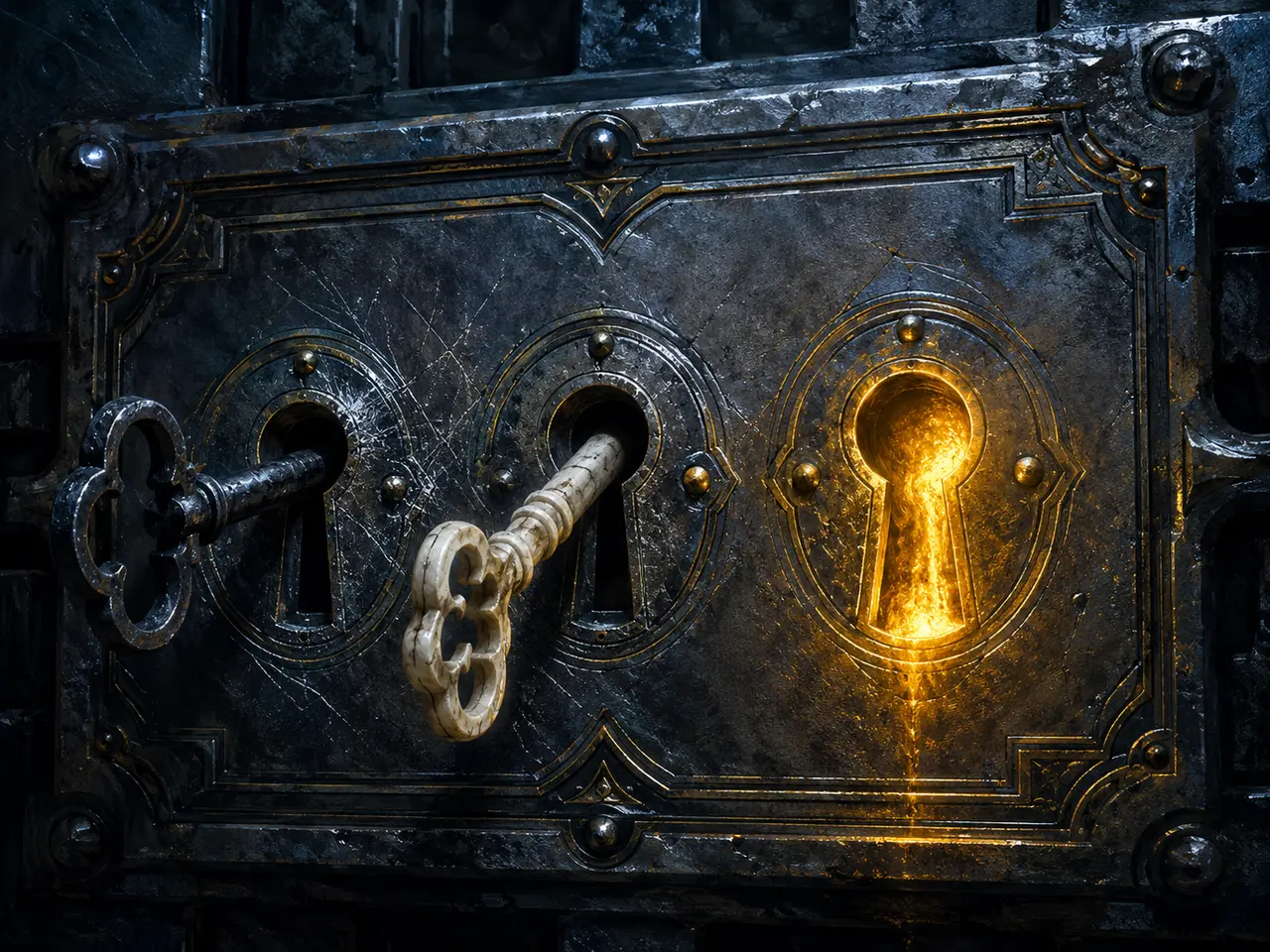 Three keyholes in a dark lock plate, a cold black key and a cold white key that do not fit, and a third gold keyhole glowing warm and empty, no people and no text