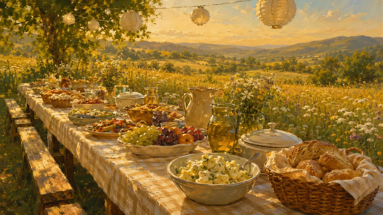 A long communal table laid in a sunlit meadow, every dish set in its right place in golden light, a sense of abundance and order, no people and no text