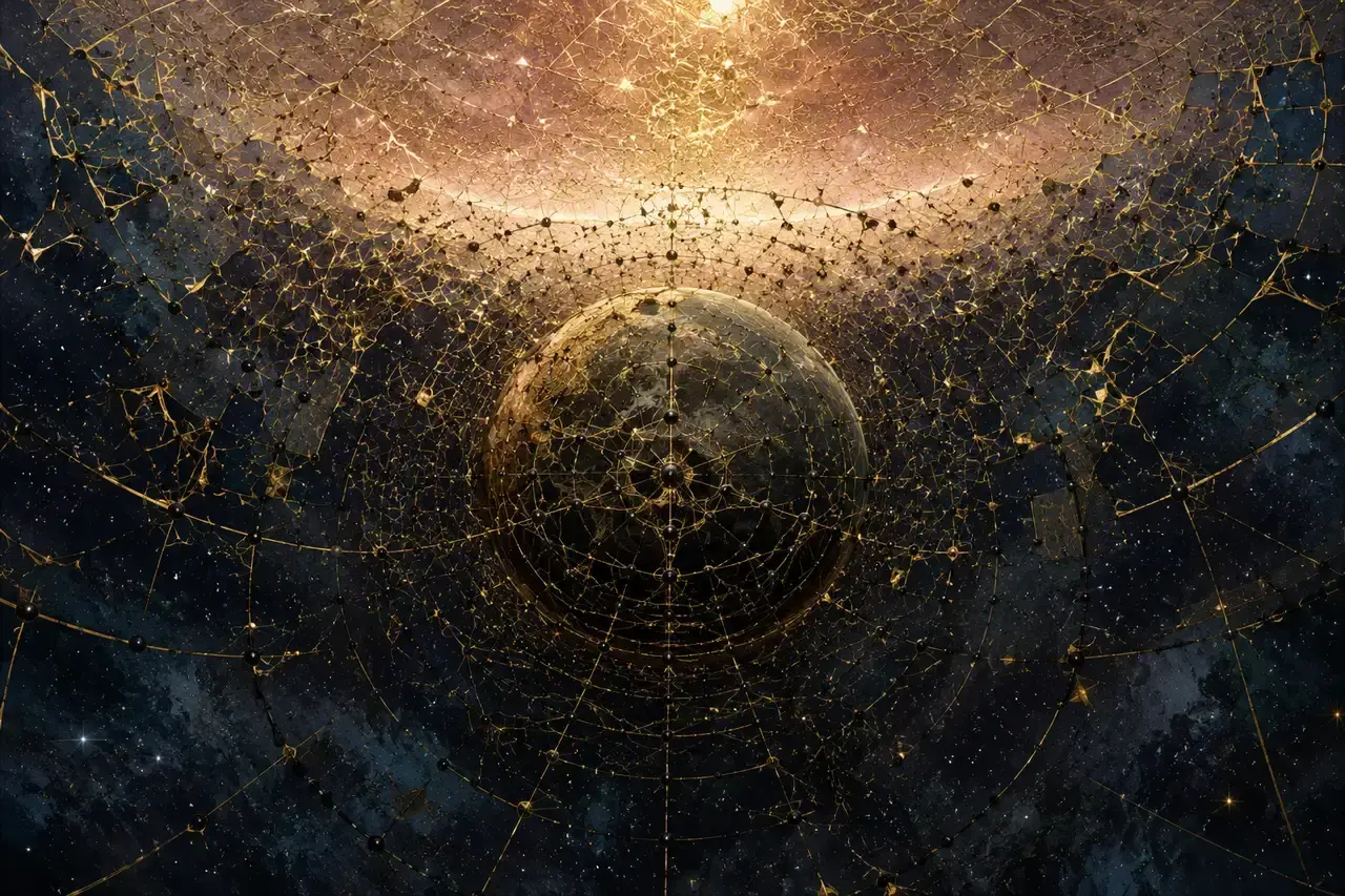 A giant black and gold lattice of data overlaying a planet, stretching across space but breaking apart at a higher luminous layer, no people and no text