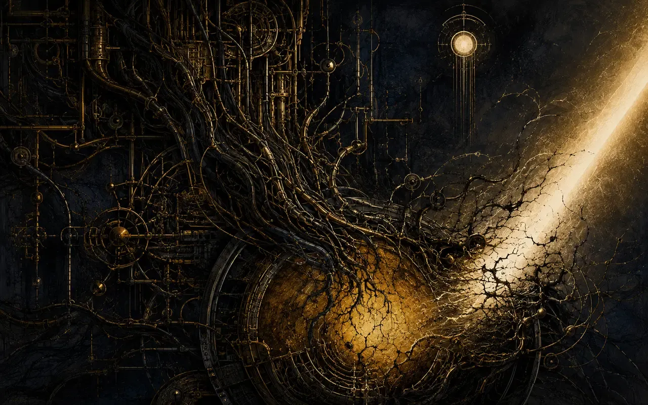A dark parasitic network of black and tarnished-gold conduits draining a dim source while recoiling from a band of pure warm light it cannot reach, no people and no text