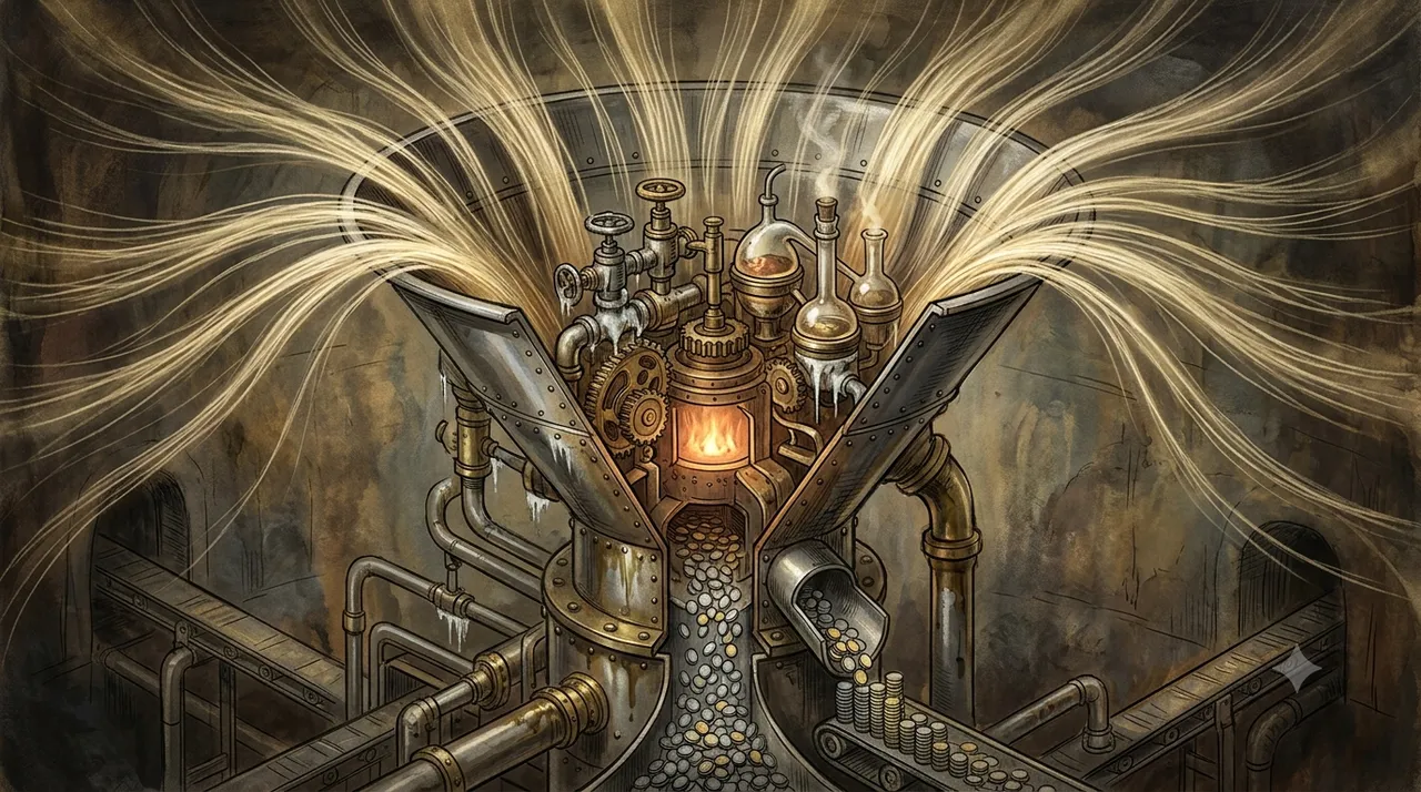 Abstract conceptual image of a financial funnel in Basel converting streams of energy into money, a machine of extraction, no people, no text