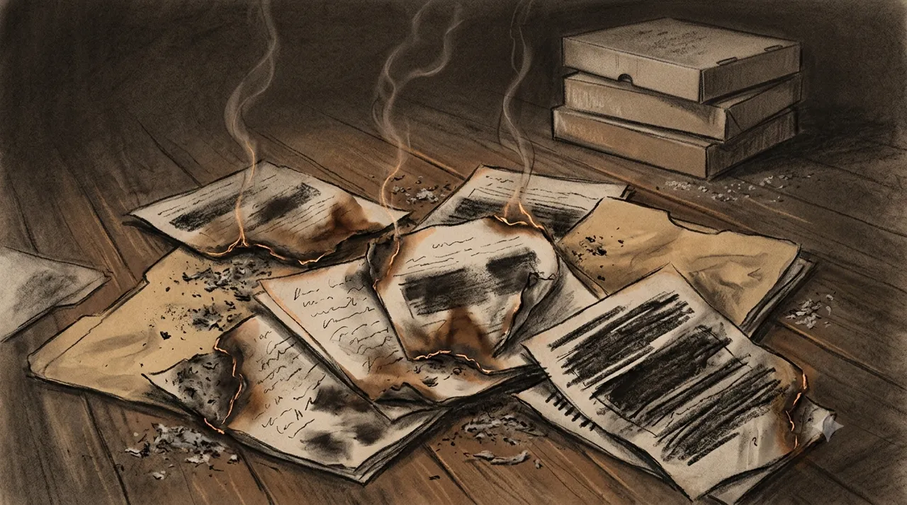 Atmospheric image of scattered and partially burned classified paper files, records escaping a fire, no people, no text