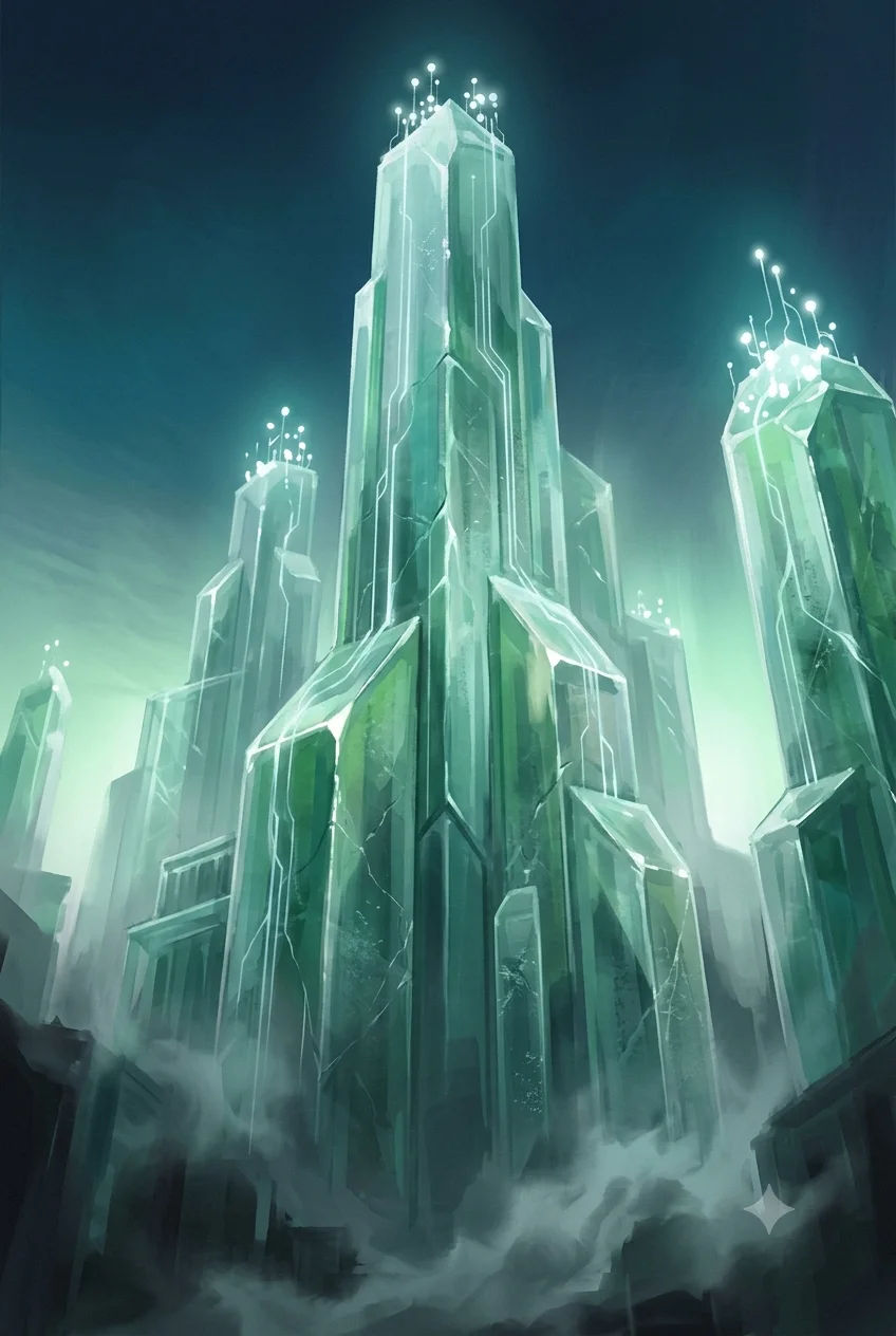 Vertical conceptual image of an Emerald City-like crystal city of the future rising in translucent green facets, an industrial city of governance, no people, no text