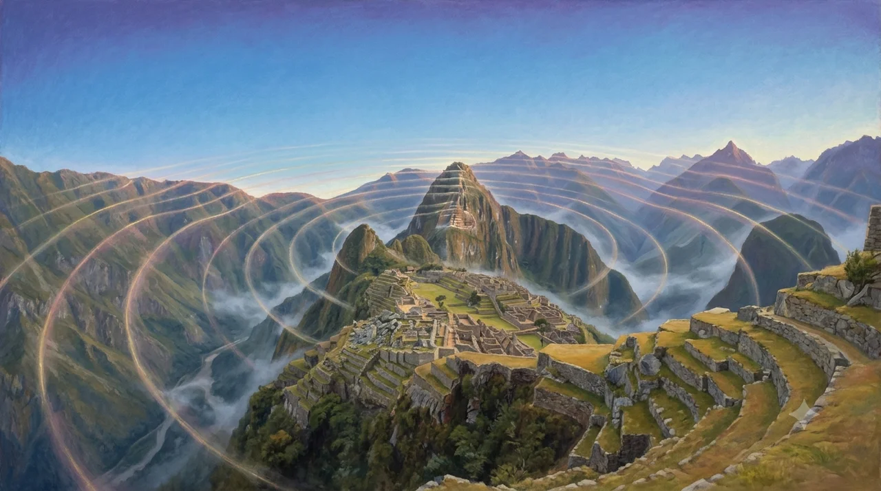 Conceptual image of Machu Picchu with waves of resonance spreading across the Andes mountains, the false song of the kingdom, no people, no text