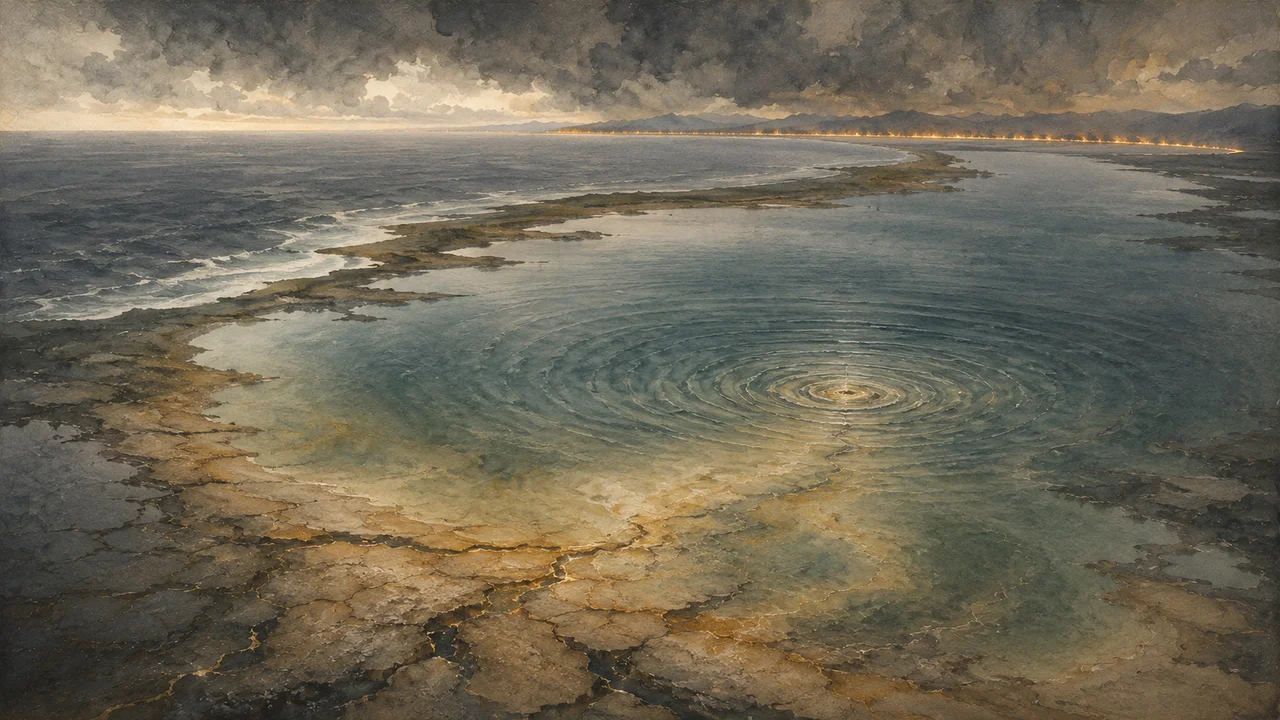 Atmospheric image of a coastal lake meeting the ocean with the ground trembling and a faint arc of the Ring of Fire in the distance, no people, no text