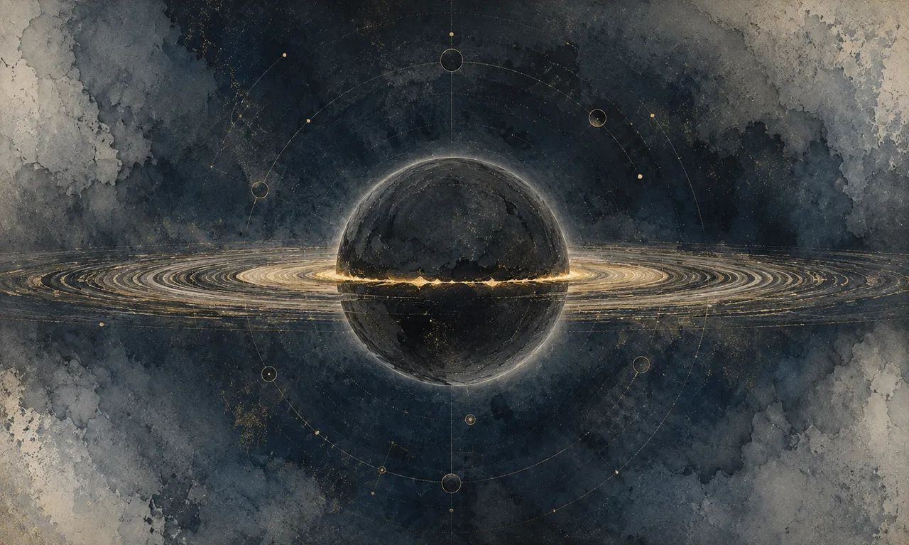 Abstract conceptual image of a ring structure resembling Saturn's rings passing straight through the core of a planet, no people, no text