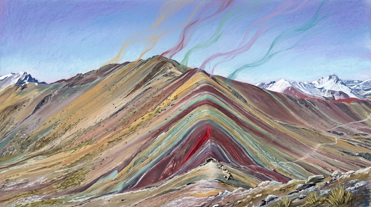 Painterly conceptual image of Peru's Rainbow Mountain with its bands of natural color, treated as the source of the colors of magic, no people, no text