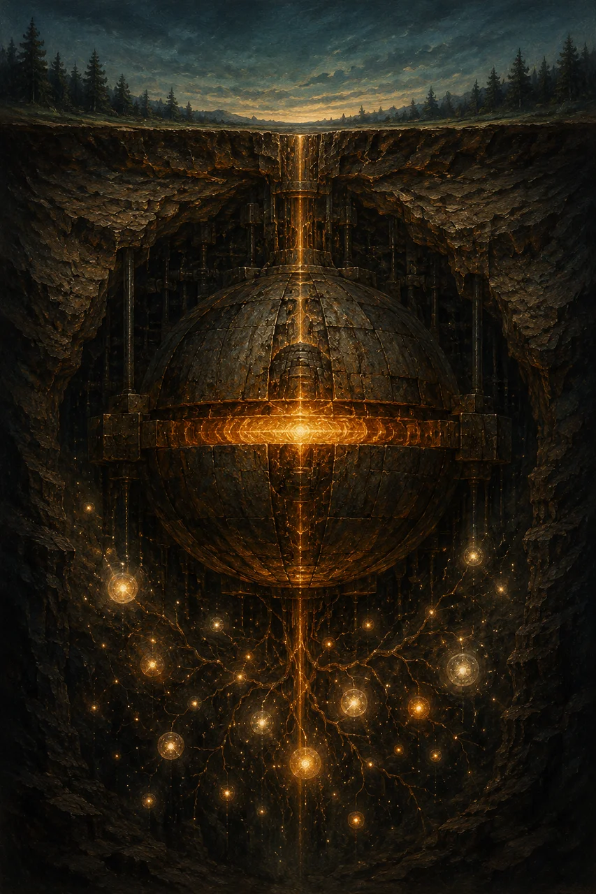 Vertical conceptual image of a vast underground reactor beneath the ground, spawning artificial suns and stars from its core, no people, no text