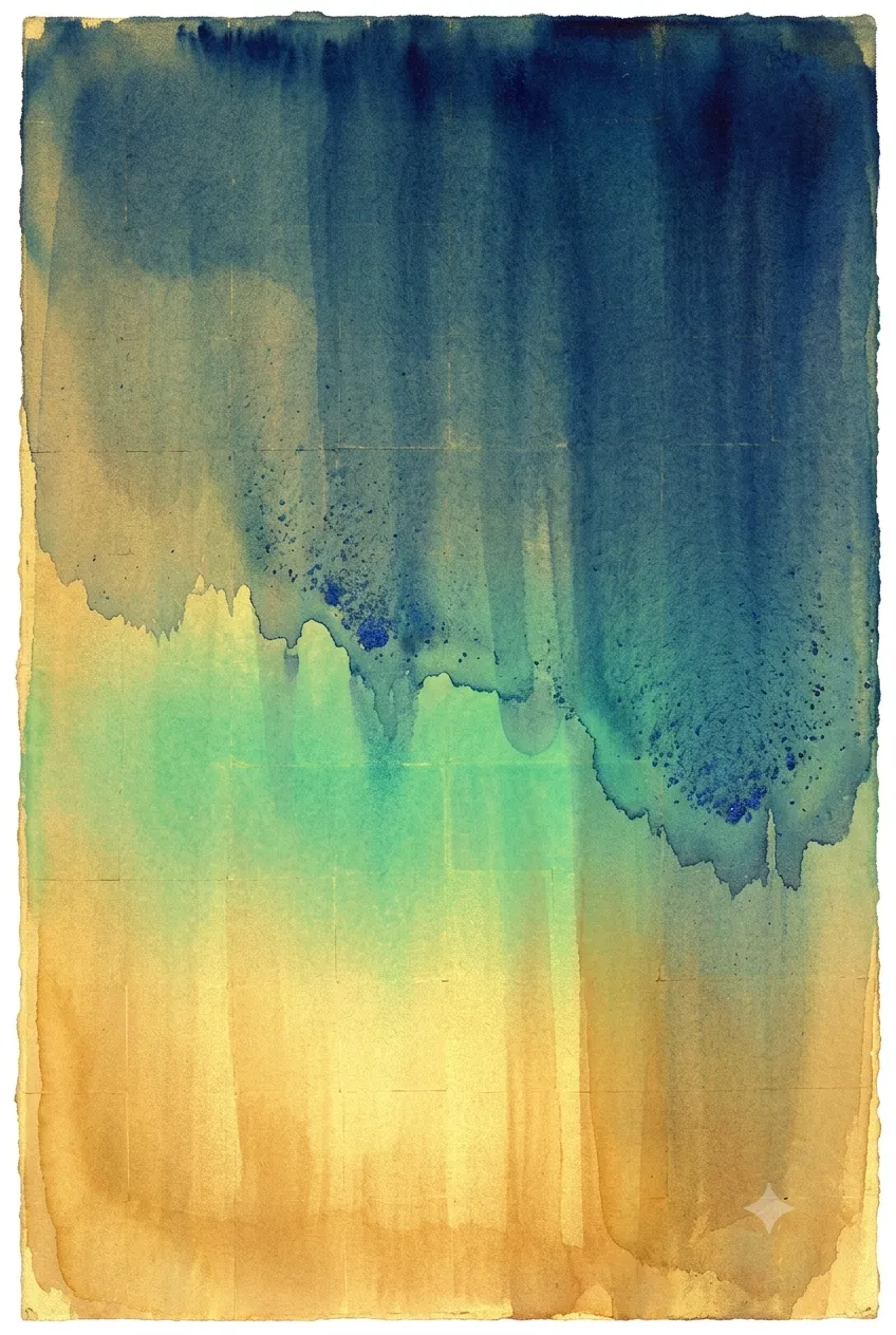A tall field of gold light with a blue wash descending across it, the band where the two colors overlap turning green