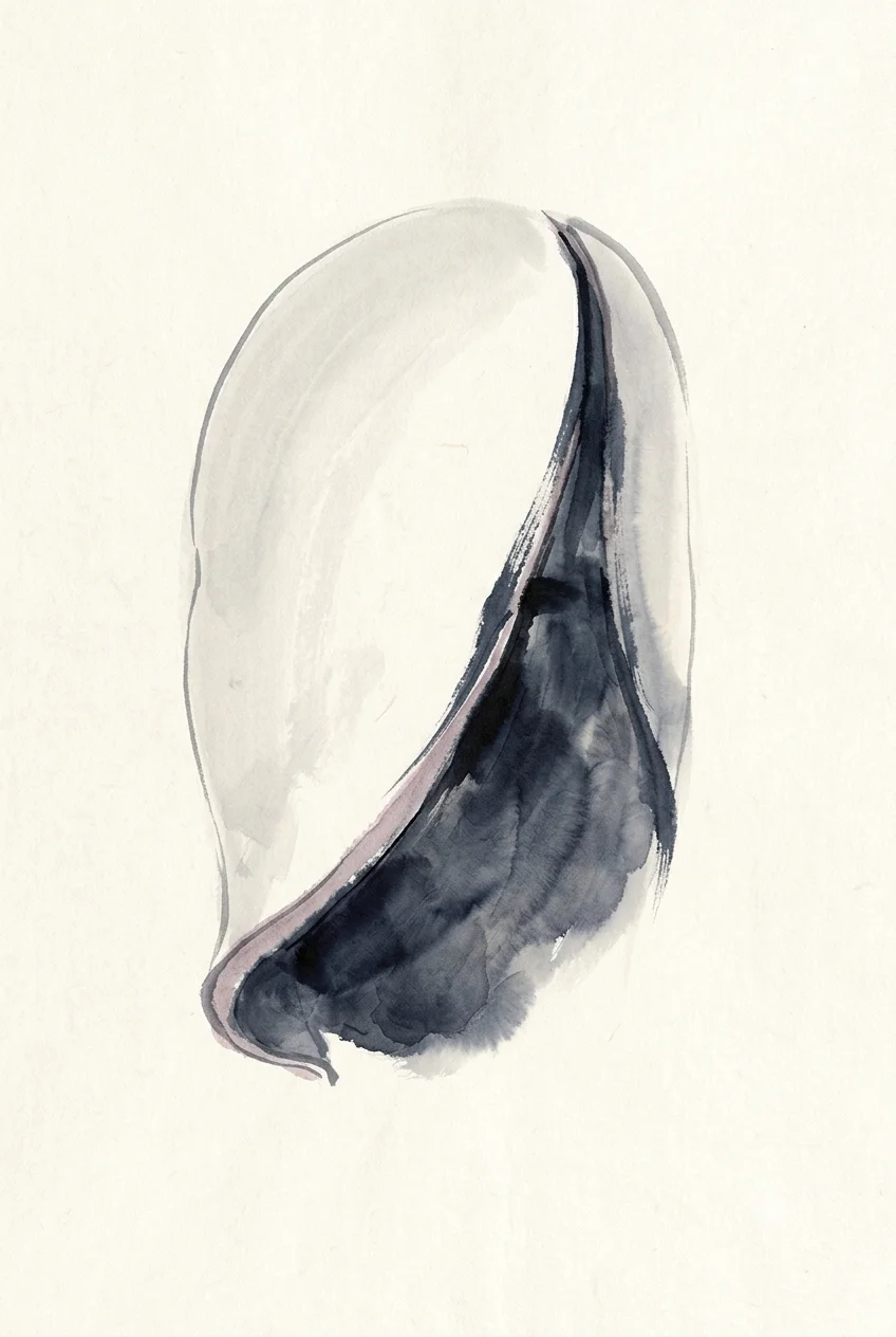 A pale mask lifting away from the face beneath it, the seam between the two just beginning to open