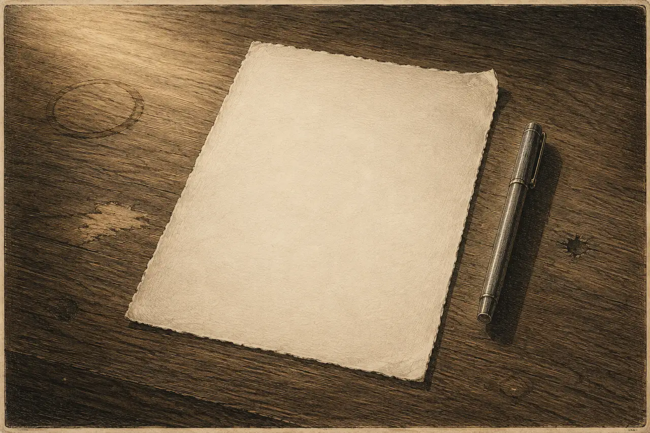 A blank sheet of paper on a plain desk with a capped pen set aside, no writing anywhere on it