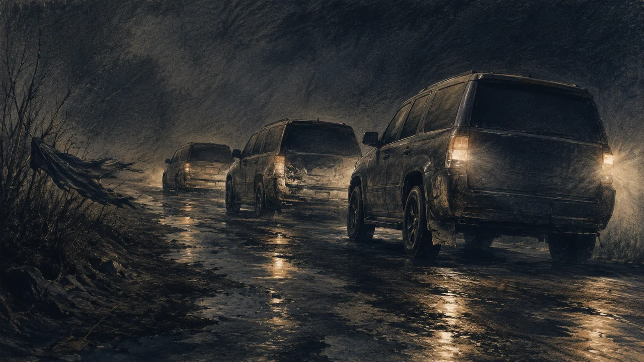 A black tinted SUV convoy on an empty road at night, headlights on wet asphalt, no people visible