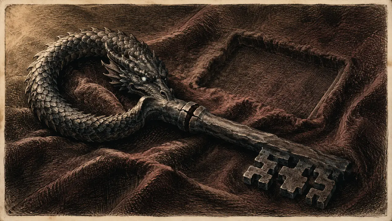 An old metal key with a dragon worked into its bow, lying on dark cloth, the lock nowhere in sight