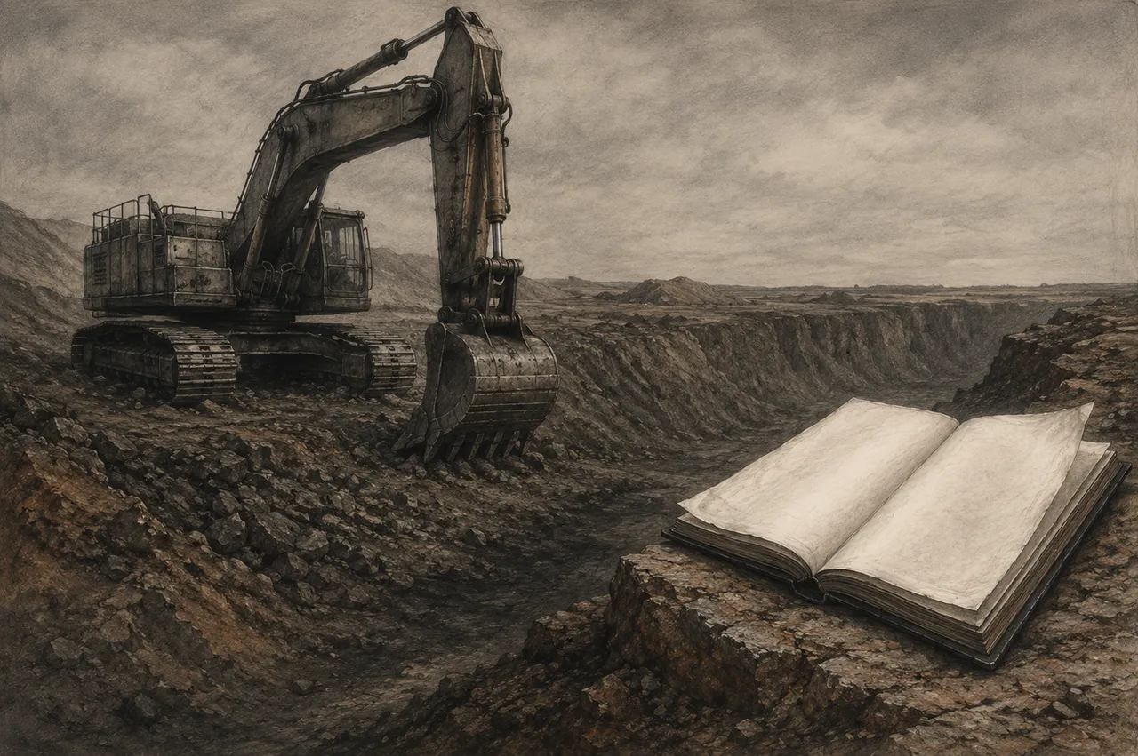A stopped mining excavator beside an open ledger book whose pages are entirely blank