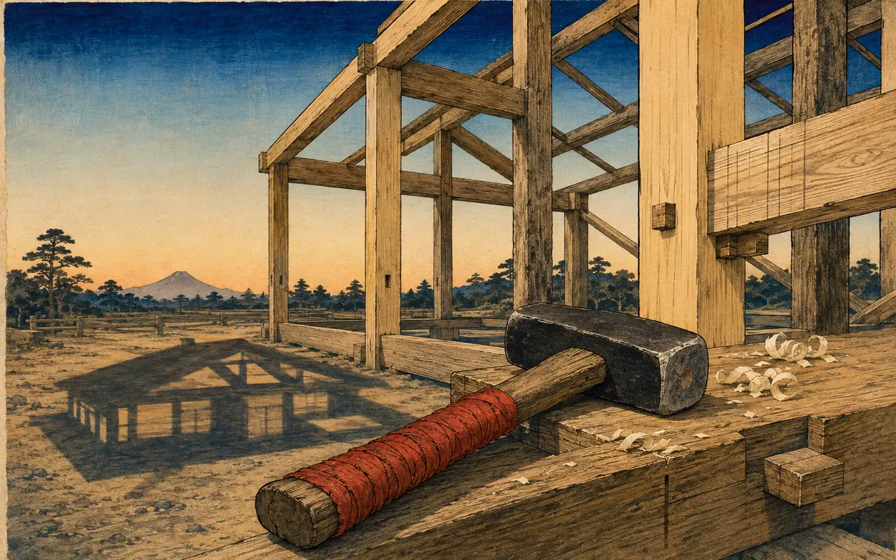 A framing hammer resting on the timber frame of a house that is only partly built