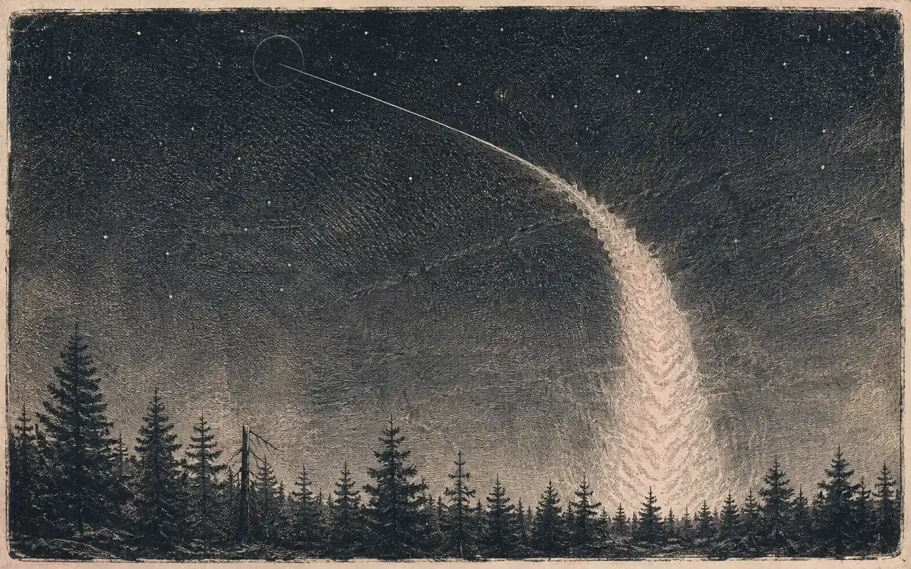 A launch trail rising into the night sky above a northern forest horizon at 33 degrees latitude