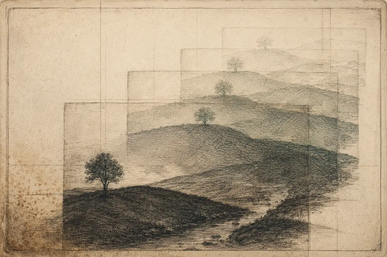 Several translucent versions of the same landscape stacked over each other, each layer offset slightly from the one beneath