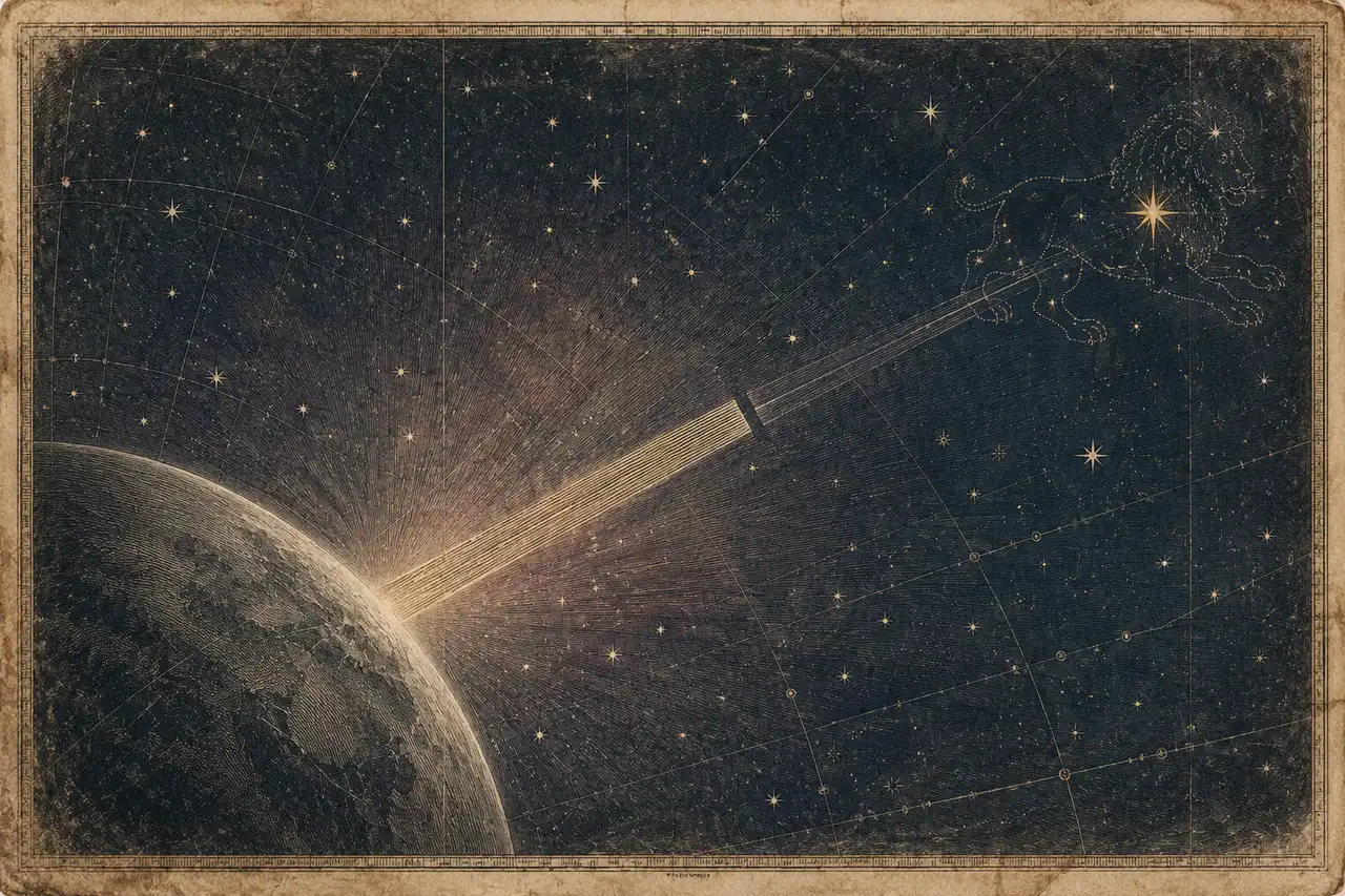 A beam of light running between Earth and the star Regulus in Leo, broken partway along its length