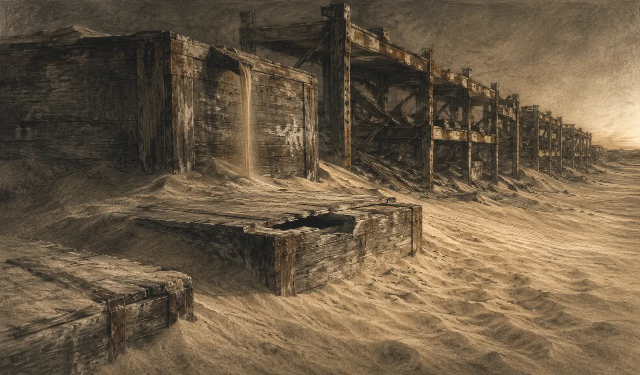 A weapons depot from the 1980s half buried in drifted sand, rusted crates and racks partly covered