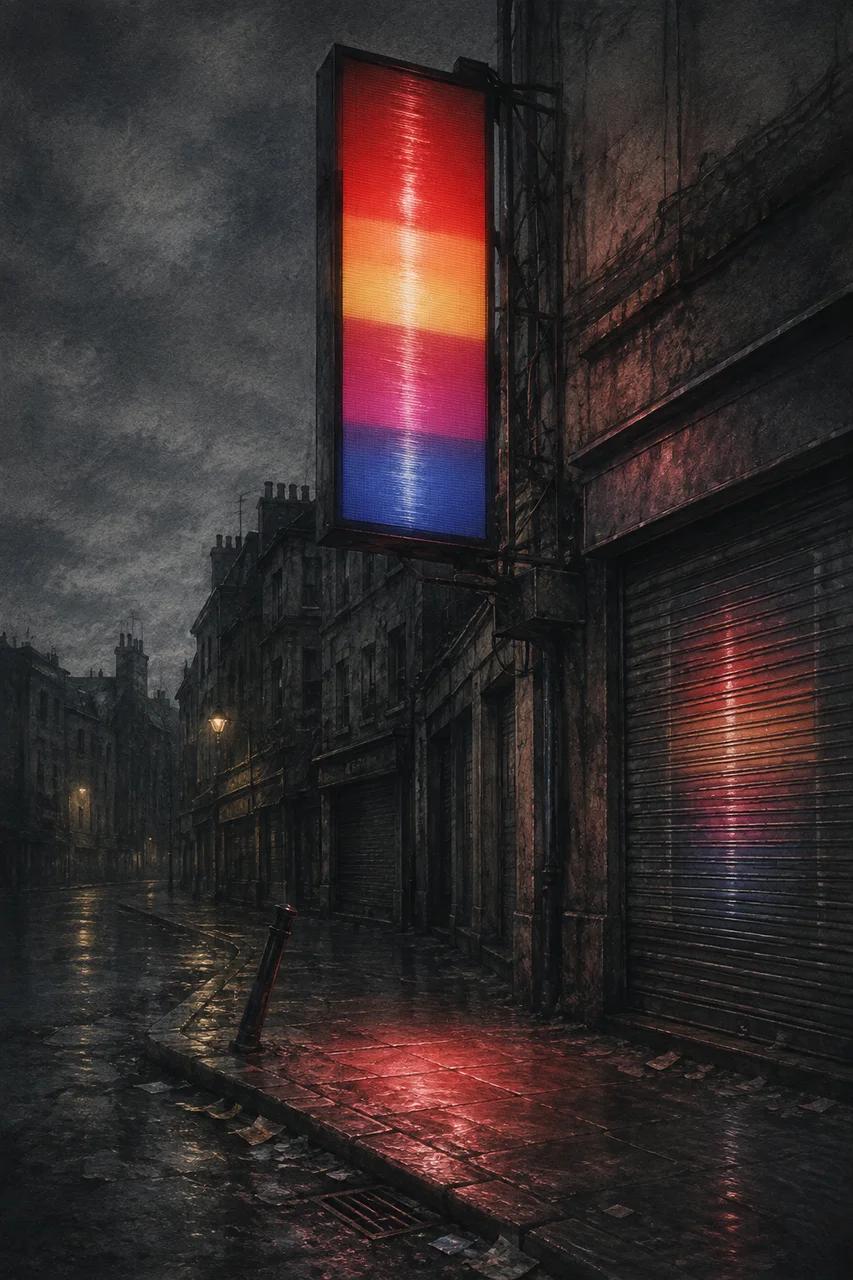A tall vertical street screen glowing red over an empty street at dusk, its broadcast reduced to smeared bands of light