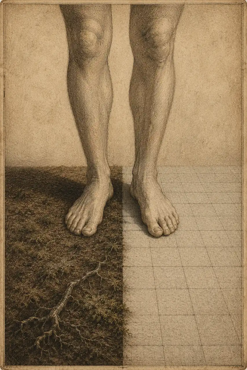 A standing figure seen from the knees down, each foot resting on a different kind of ground