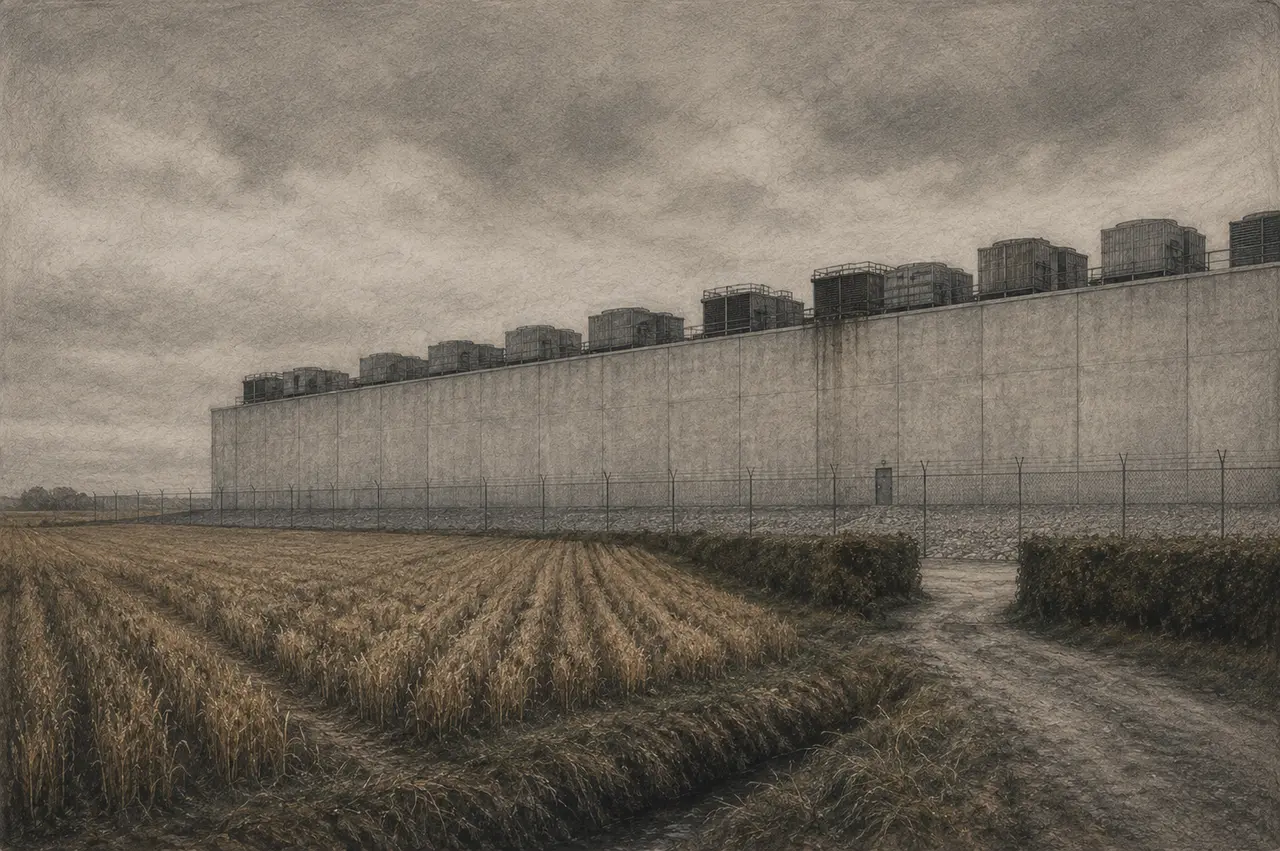 A long windowless data center building standing in open farmland under a flat grey sky