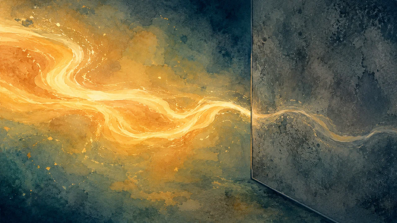 A luminous current flowing through open space beside its own flattened reflection in a dark vertical pane
